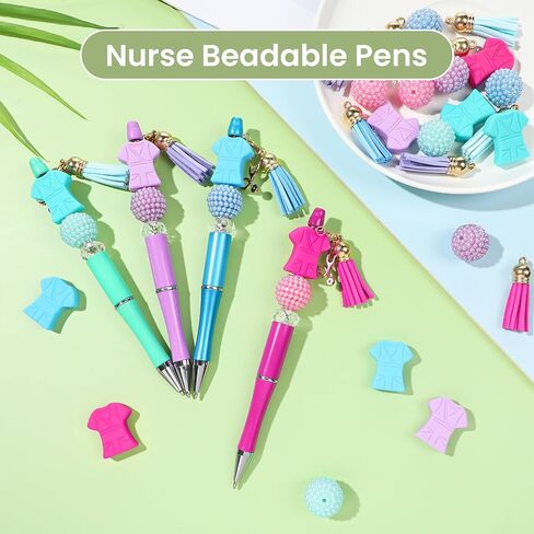 NEWEST 12 Pieces Nurse Beadable Pens kit Plastic Bead Pens with 36 Multicolor Beads 12 Tassels 12 Pendants DIY Pen Making Kit Black Ink Beaded Ballpoint Pens Bulk for Nurse Office School Student Gifts in Saudi Arabia