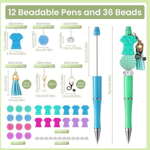 NEWEST 12 Pieces Nurse Beadable Pens kit Plastic Bead Pens with 36 Multicolor Beads 12 Tassels 12 Pendants DIY Pen Making Kit Black Ink Beaded Ballpoint Pens Bulk for Nurse Office School Student Gifts in Saudi Arabia
