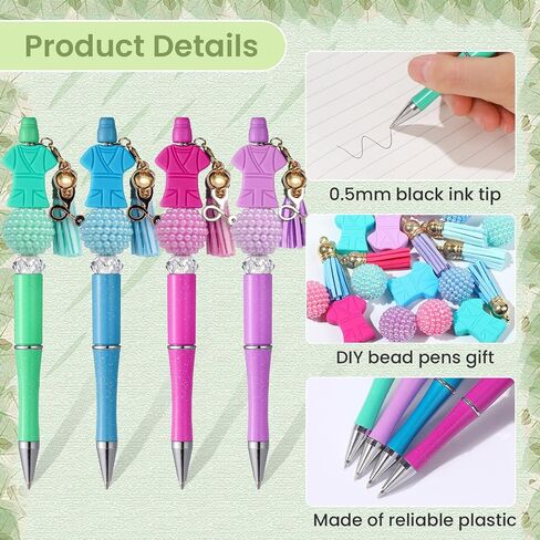NEWEST 12 Pieces Nurse Beadable Pens kit Plastic Bead Pens with 36 Multicolor Beads 12 Tassels 12 Pendants DIY Pen Making Kit Black Ink Beaded Ballpoint Pens Bulk for Nurse Office School Student Gifts in Saudi Arabia
