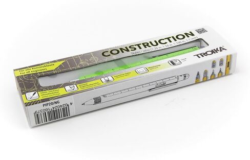 Troika CONSTRUCTION – PIP20/NG – Multitasking ballpoint pen – centimetre and inch ruler – 1:20 m and 1:50 m scale – spirit level – brass – laquered – neon green, silver original in Saudi Arabia