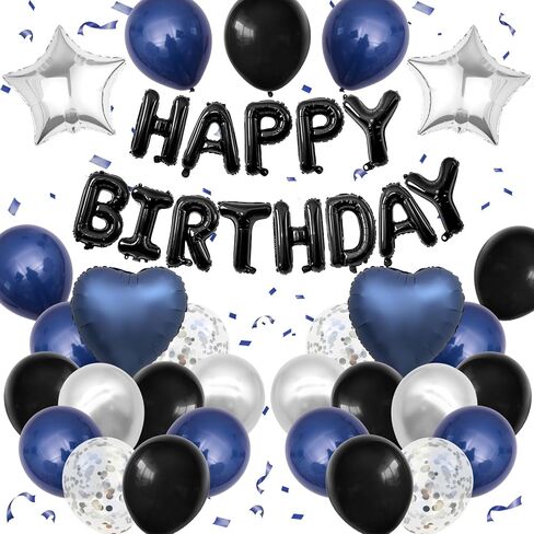 Navy Blue and Black Birthday Decorations for Men,Blue Black White Balloons Happy Birthdays Balloon Banner Silver Confetti Balloons for Men Boy Girls Women Adults Birthday Party Decorations in Saudi Arabia