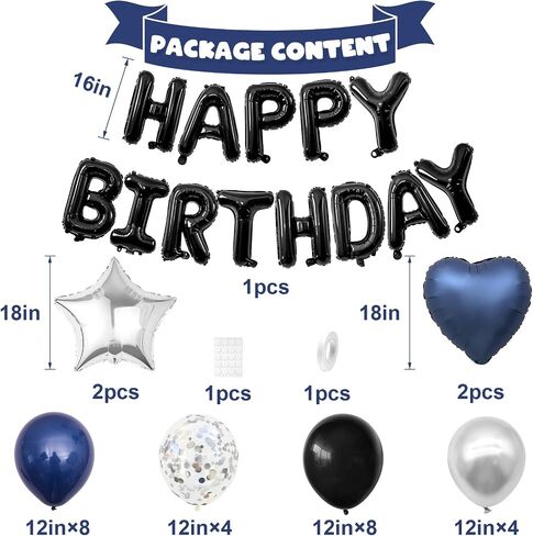 Navy Blue and Black Birthday Decorations for Men,Blue Black White Balloons Happy Birthdays Balloon Banner Silver Confetti Balloons for Men Boy Girls Women Adults Birthday Party Decorations in Saudi Arabia