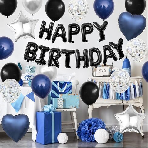 Navy Blue and Black Birthday Decorations for Men,Blue Black White Balloons Happy Birthdays Balloon Banner Silver Confetti Balloons for Men Boy Girls Women Adults Birthday Party Decorations in Saudi Arabia