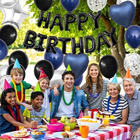 Navy Blue and Black Birthday Decorations for Men,Blue Black White Balloons Happy Birthdays Balloon Banner Silver Confetti Balloons for Men Boy Girls Women Adults Birthday Party Decorations in Saudi Arabia