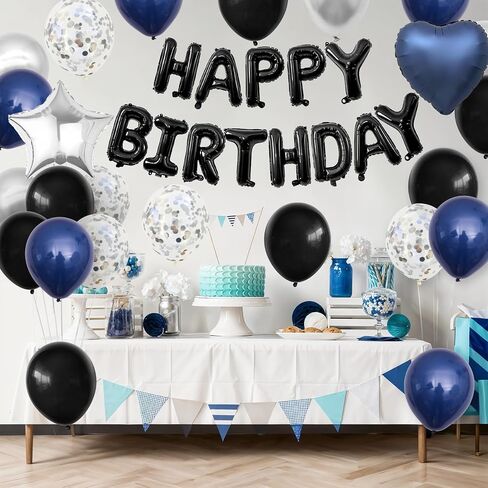 Navy Blue and Black Birthday Decorations for Men,Blue Black White Balloons Happy Birthdays Balloon Banner Silver Confetti Balloons for Men Boy Girls Women Adults Birthday Party Decorations in Saudi Arabia