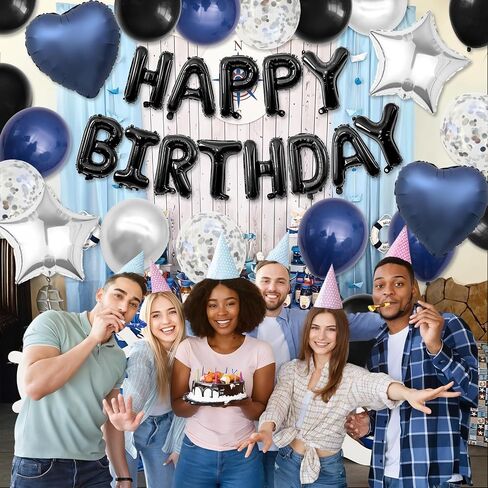 Navy Blue and Black Birthday Decorations for Men,Blue Black White Balloons Happy Birthdays Balloon Banner Silver Confetti Balloons for Men Boy Girls Women Adults Birthday Party Decorations in Saudi Arabia