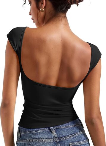 Bloggerlove المرأة مثير طاقم الرقبة عارية الذراعين المحاصيل القمم 2024 قصيرة الأكمام سليم صالح تي شيرت الأساسية Y2K كامي القمم in Kuwait