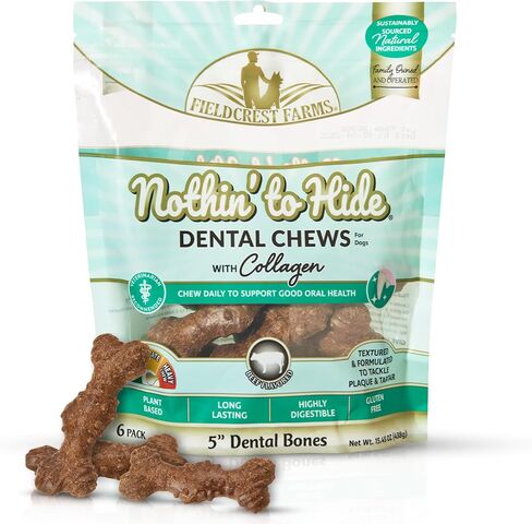 Fieldcrest Farms Prateal Chews for Dogs ، Bone (5inches ، 6count Pack)-يعالج اللوحة ، التارتار ، صحة الأسنان-مع الكولاجين ، العضوية ، خالية من الغلوتين in Kuwait