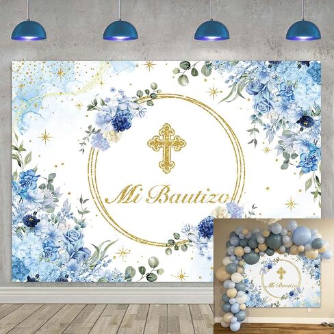 Mi Bautizo Backdrop First Holy Communion Baptism Christening Party Decorations Banner Blue Floral Glitter Gold Dot Newborn Baby Shower Photography Background Photo Booth Props (82x59 inch (7x5FT)) in Saudi Arabia