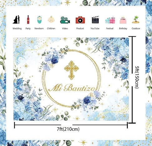 Mi Bautizo Backdrop First Holy Communion Baptism Christening Party Decorations Banner Blue Floral Glitter Gold Dot Newborn Baby Shower Photography Background Photo Booth Props (82x59 inch (7x5FT)) in Saudi Arabia