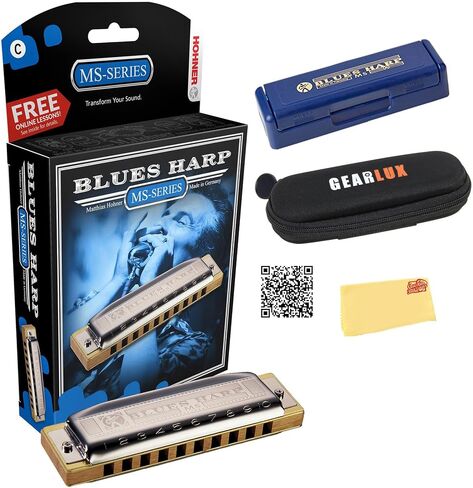 Hohner 532 Blues Harp MS Harmonica - Key of C Bundle with Carrying Case, Polishing Cloth in Kuwait