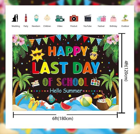Happy Last Day of School Hello Summer Backdrop Goodbye School Hello Pool Party Background End of School Year Banner Class of 2025 Grad Summer Tropical Beach Pool Party Decorations (70x40 inch (6x4FT)) in Kuwait