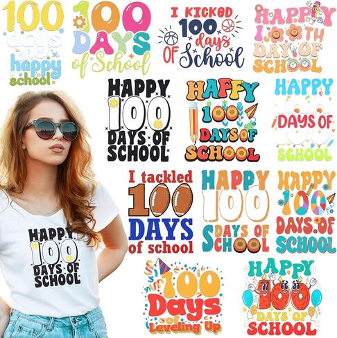 Glenmal 12 Pcs 100 Days of School Iron on Transfers Stickers for Shirts 100 Days of School Decals DIY Iron on Retro Heat Transfer for Teacher Student Clothes Bag Pillow Appliques Crafts(Retro) in Saudi Arabia