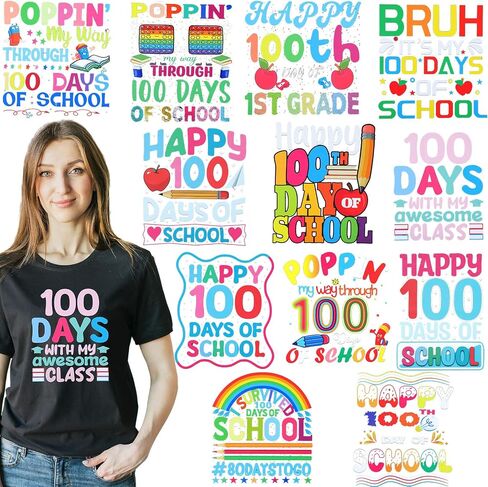 Glenmal 12 PCS 100 يوم من الحديد المدرسي على ملصقات التحويلات للقمصان 100 يوم من الشارات المدرسية DIY الحديد على نقل الحرارة الرجعية للمعلم طالب ملابس الوسادة الحرف اليدوية (الرجعية) in Saudi Arabia