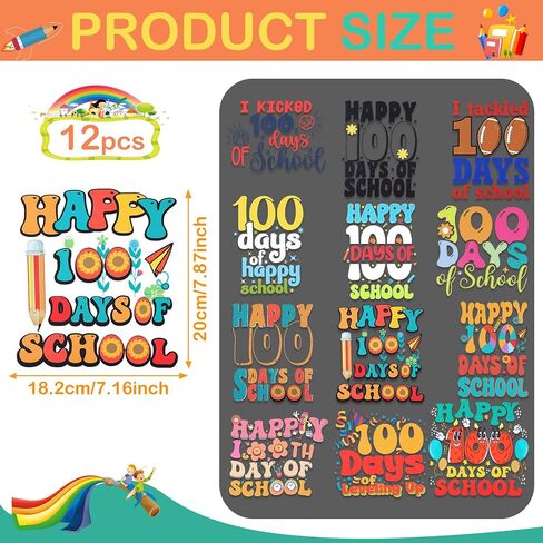 Glenmal 12 Pcs 100 Days of School Iron on Transfers Stickers for Shirts 100 Days of School Decals DIY Iron on Retro Heat Transfer for Teacher Student Clothes Bag Pillow Appliques Crafts(Retro) in Saudi Arabia
