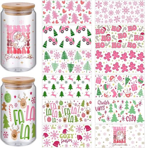 Lyrow 12 Sheets Christmas UV DTF Cup Transfer Transfer for Glass XMAS FRES ON TRANSFERS TRANSFEL in Kuwait