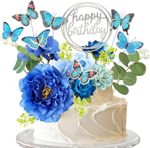 Gyufise 22Pcs Flower Cake Toppers Butterfly Cake Decorations Happy Birthday Cake Toppers Artificial Pink Rose Flowers Eucalyptus Butterflies for Girls Birthday Party Wedding Supplies Blue in Saudi Arabia