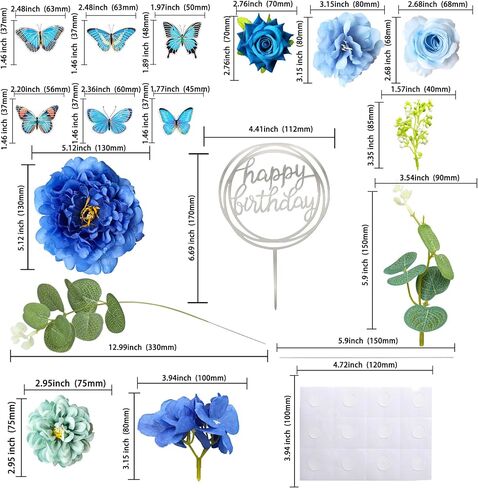 Gyufise 22Pcs Flower Cake Toppers Butterfly Cake Decorations Happy Birthday Cake Toppers Artificial Pink Rose Flowers Eucalyptus Butterflies for Girls Birthday Party Wedding Supplies Blue in Saudi Arabia