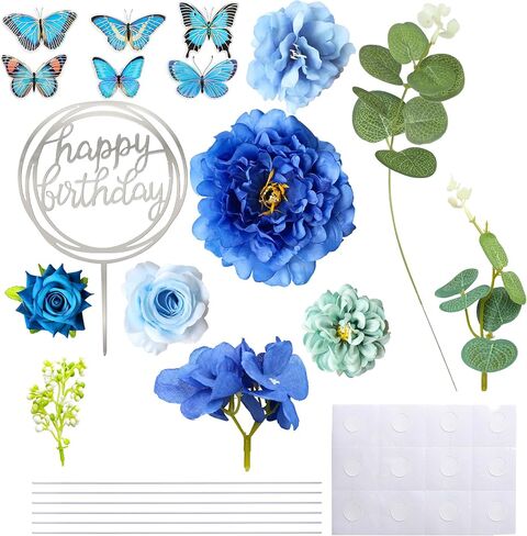 Gyufise 22Pcs Flower Cake Toppers Butterfly Cake Decorations Happy Birthday Cake Toppers Artificial Pink Rose Flowers Eucalyptus Butterflies for Girls Birthday Party Wedding Supplies Blue in Saudi Arabia