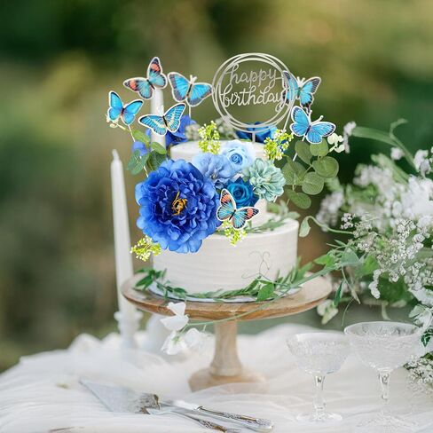 Gyufise 22Pcs Flower Cake Toppers Butterfly Cake Decorations Happy Birthday Cake Toppers Artificial Pink Rose Flowers Eucalyptus Butterflies for Girls Birthday Party Wedding Supplies Blue in Saudi Arabia