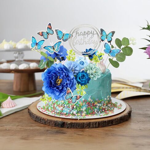 Gyufise 22Pcs Flower Cake Toppers Butterfly Cake Decorations Happy Birthday Cake Toppers Artificial Pink Rose Flowers Eucalyptus Butterflies for Girls Birthday Party Wedding Supplies Blue in Saudi Arabia