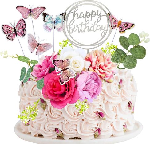Gyufise 22Pcs Flower Cake Toppers Butterfly Cake Decorations Happy Birthday Cake Toppers Artificial Pink Rose Flowers Eucalyptus Butterflies for Girls Birthday Party Wedding Supplies Blue in Saudi Arabia