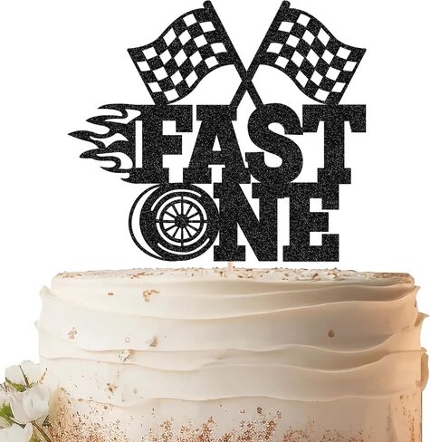 Fast One Cake Topper - Black Glitter Race Car Theme 1st Birthday Party Cake Decoration, Racing Car Checkered Flag First Birthday Party Supplies Photo Booth Props in Kuwait