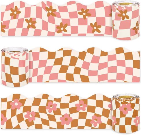 Whaline 98.4ft Retro Groovy Bulletin Board Borders Pink Orange Checkered Die-Cut Bulletin Board Stripes Checkered Flower Rolled Bulletin Board Trim for School Classroom Office Chalkboard Decor in Saudi Arabia