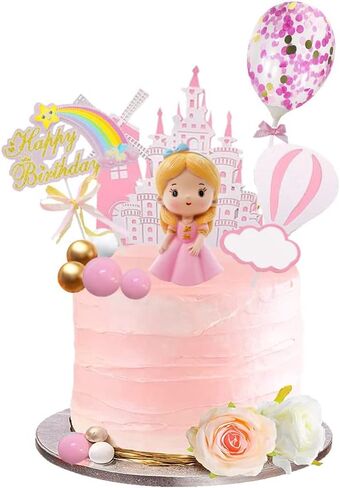 16 Pcs Princess Cake Topper With Foam Balls And Flower Cake Decoration for Girl Princess Happy Birthday Party Decorations Cake Decorations in Kuwait