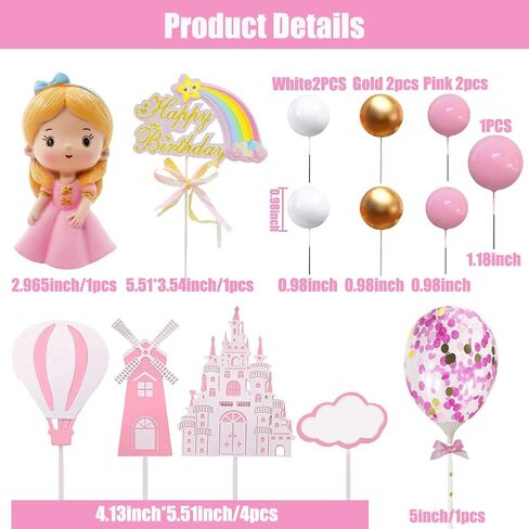 16 Pcs Princess Cake Topper With Foam Balls And Flower Cake Decoration for Girl Princess Happy Birthday Party Decorations Cake Decorations in Kuwait