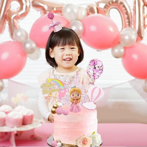 16 Pcs Princess Cake Topper With Foam Balls And Flower Cake Decoration for Girl Princess Happy Birthday Party Decorations Cake Decorations in Kuwait