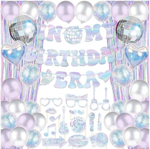 In My Birthday Era Decorations,Iridescence Girl Birthday Supplies Laser In My Birthday Era Banner Music Theme Photo Props Balloons Fringe Curtain for Girl Birthday Party in Saudi Arabia