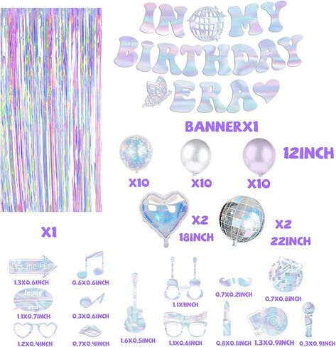 In My Birthday Era Decorations,Iridescence Girl Birthday Supplies Laser In My Birthday Era Banner Music Theme Photo Props Balloons Fringe Curtain for Girl Birthday Party in Saudi Arabia