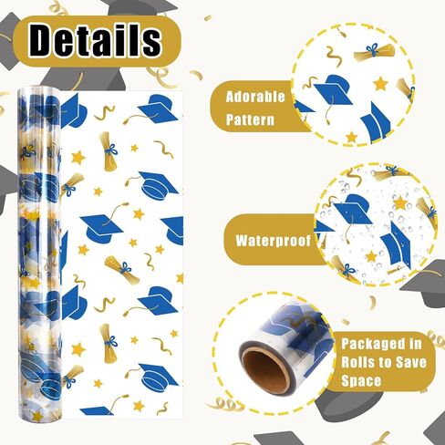 Whaline Graduation Cellophane Wrap Roll 100ft x 16 In 2.5Mil White Gold Cap Cellophane Paper Congrats Grads Crystal Clear Cello Wrapping Paper for Treats Gifts Basket Party Favor in Saudi Arabia