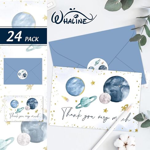 Whaline 24 Pack Outer Space Thank You Cards Glitter Galaxy Planet Greeting Card With Envelope Sticker Blank Note Card for Baby Shower Party Invitation Supplies, 4 x 6 Inch in Saudi Arabia