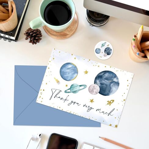 Whaline 24 Pack Outer Space Thank You Cards Glitter Galaxy Planet Greeting Card With Envelope Sticker Blank Note Card for Baby Shower Party Invitation Supplies, 4 x 6 Inch in Saudi Arabia