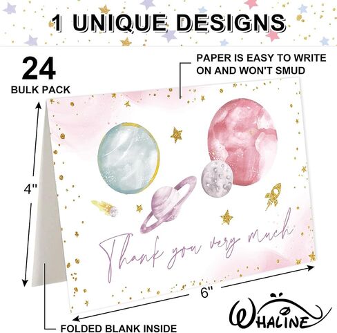 Whaline 24 Pack Outer Space Thank You Cards Glitter Galaxy Planet Greeting Card With Envelope Sticker Blank Note Card for Baby Shower Party Invitation Supplies, 4 x 6 Inch in Saudi Arabia