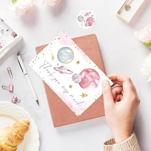 Whaline 24 Pack Outer Space Thank You Cards Glitter Galaxy Planet Greeting Card With Envelope Sticker Blank Note Card for Baby Shower Party Invitation Supplies, 4 x 6 Inch in Saudi Arabia