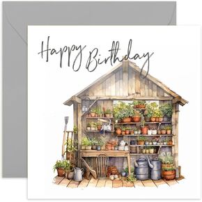 Old English Co. Happy Birthday Card for Gardener - Potting Shed Watercolour Birthday Card for Him Her - Flowers Vegetables Birthday Card for Mum, Dad, Grandparents | Blank Inside with Envelope