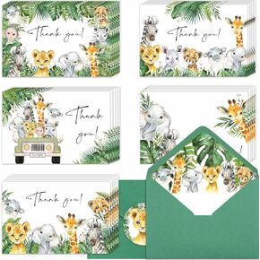 Safari Thank You Cards ، 4 × 6 "حيوانات Jungle شكرًا لك ملاحظات مع مظاريف وملصقات مطابقة ، بطاقات خضراء ، عيد ميلاد Jungle Baby Shower Thank You (50pcs)