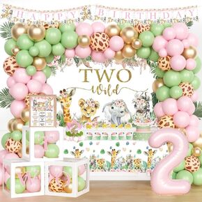 Two Wild Birthday Decorations Girl, 2nd Birthday Decorations for Girl, Born Two Be Wild Birthday Decor, Jungle Safari Animal Theme 2 Year Old Birthday Backdrop Banner for Second Birthday Girl