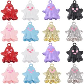 Sunnyclue 1 Box 32pcs 8 Styles Ghost Charm Alloy M0 هالوين سحر الجزء الأكبر من الهالوين معاداة رذاذ طلاء لطيف ثلاثي الأبعاد أسود أحمر سحر صغير متدفق لتصنيع المجوهرات إمدادات DIY Craft