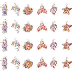 HONBAY 60PCS الترتر الملون سحر قلادة راتنج الحياة البحرية قلادة Seahorse Seashell Starfish Fish Tail Sea Snail Dolphin Pendants for Bearchains arics Bracelets Netclaces Jewelry Making Making Crafts