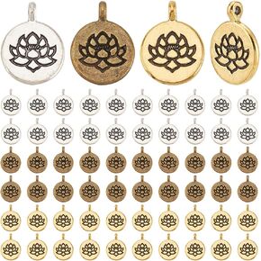 PH PandaHall 60PCS Lotus Flower Charms, 3 Colors Tibetan Alloy Floral Charms Pendants Flat Round Metal Dangle Charms Crafts Supplies for Bracelet Necklace Earring Jewelry Making DIY Crafts