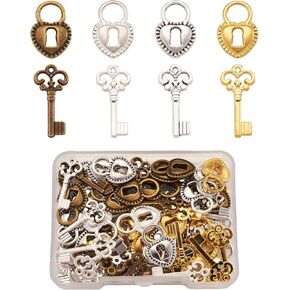 Mega Pet 80pcs Heart Shape Padlock with Key Pendant Charms Set Tibetan Skeleton Key with Heart Lock Bead Charm for Royal Necklace Jewelry Making