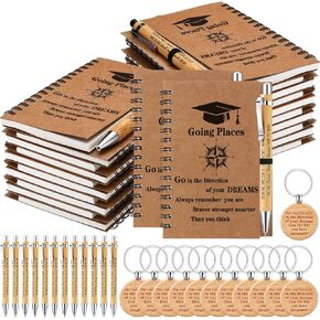 Gueevin 12 Set 2025 Inspirational Graduation Gift Bulk Spiral Kraft Notebooks Bamboo Ballpoint Pens Keychains for College Graduate Teacher Student Employee Coworker Appreciation Gift