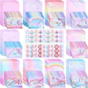 Outus 160 Pcs Rainbow Unicorn Stationary Set 50 Unicorn Writing Papers with 50 Envelopes and 60 Round Stickers Writing Stationery Paper Gift for Girls Kids Birthday Invitations School Mail Supplies