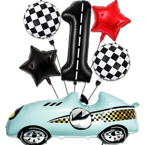 Racecar Birthday Decorations 2 Year Old, Large Blue Race Car Balloons 40 Inch Racetrack Black Number 1 Balloon Checkered Balloon for Race Cars Birthday Decorations