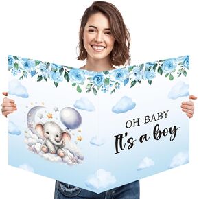 Large Baby Shower Card with Envelope for Boy, 22 x 14 inch Blue Elephant Giant Baby Shower Greeting Card for Baby Shower Decorations, Oh Baby It's a Boy Jumbo Gender Reveal Guest Book Party Supplies
