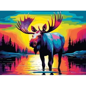 JXAVAXDE 5D Animal Deer Diamond Painting Kits for Adults, Sunset Moose 5D Diamond Art Crafts Home Wall Decor Gift Round Diamond Dots 12x16 inch